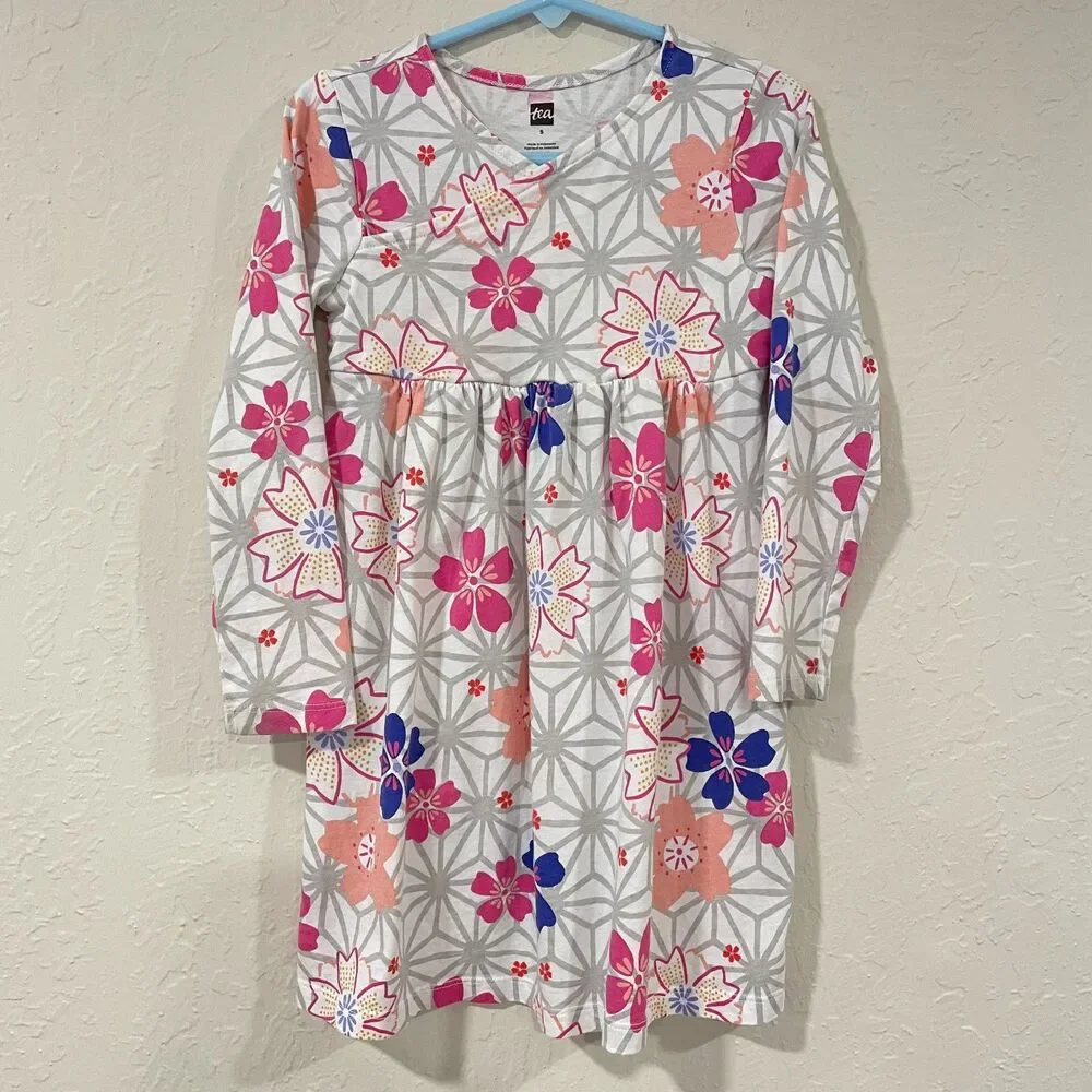 ~ Tea Dress, 5 Girls, Floral, Long Sleeve, Wrap, Pink Gray Purple Cotton Stretch